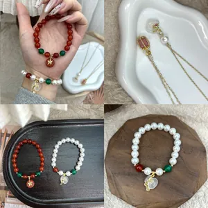 Ethnic 14K copper bracelet and necklace set with red agate beads and butterfly charm