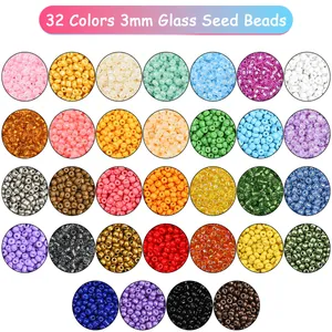 Detailed grid view of 32 colors of 3mm glass seed beads in diverse rainbow finishes