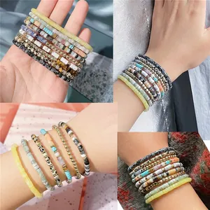 Bohemian multi-layer natural stone bead bracelet set with golden spacer accents