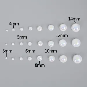 Size comparison of white iridescent ABS flatback half pearls from 3mm to 14mm for DIY crafts