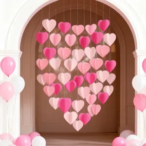 Long 3D Paper Heart Garland Romantic Pink Wine Red Hanging String For Wedding Valentine's Day Birthday Party Backdrop Decoration