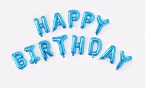 Close-up of vibrant blue foil happy birthday letter balloons for party decoration