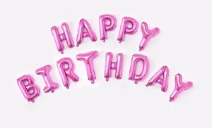 Detailed view of pink metallic foil Happy Birthday letter balloons on white background
