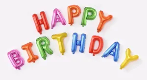 Detailed view of colorful 16-inch happy birthday foil letter balloons on white background