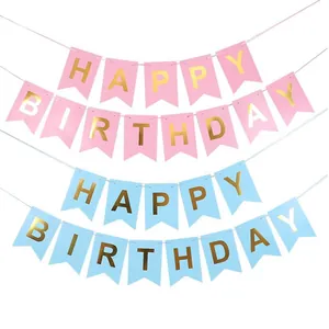 Pink and blue happy birthday banner set with gold foil letters for party decor