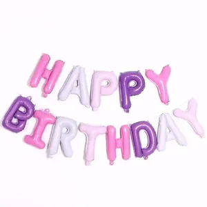 Detail of macaron gradient foil balloons showing Happy Birthday letters on white background