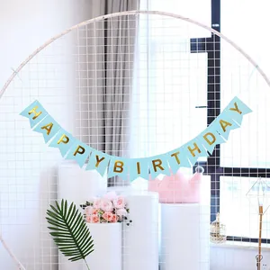Light blue Happy Birthday bunting banner with gold foil letters for party decoration