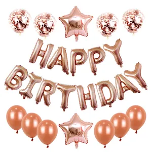 Rose gold Happy Birthday balloon set with confetti latex balloons and star foil accents