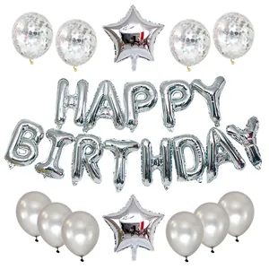 Silver Happy Birthday balloon set with metallic latex and sequin confetti star balloons