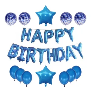 Blue Happy Birthday balloon kit with foil letters star balloons and confetti latex balloons