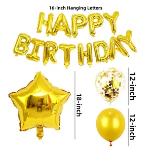 Golden Happy Birthday balloon set with star balloons and gold confetti latex balloons
