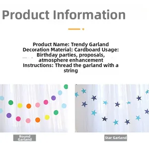 Detail view of colorful paper circle and blue star garlands for party background decoration