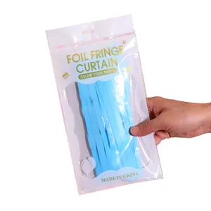 Blue foil fringe curtain for party backdrops in clear retail hanging packaging