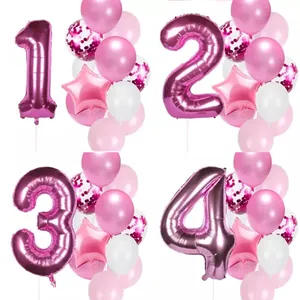 Pink Rose Gold Digital Number Balloon For Girls Birthday Party Decoration Foil Star Latex Sequin Balloons Celebration Decor