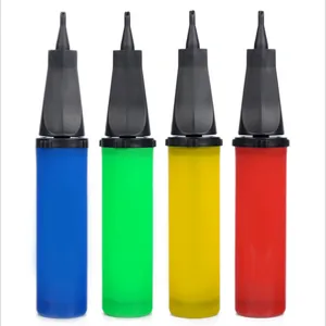 Portable manual balloon air pumps in blue, green, yellow, and red colors on white backdrop