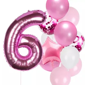 Pink 6th birthday decoration set with number 6 foil balloon and sequin latex balloons