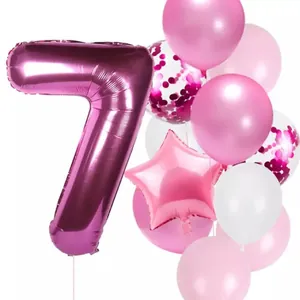32-inch rose red foil number 7 balloon kit with pink stars and confetti latex balloons