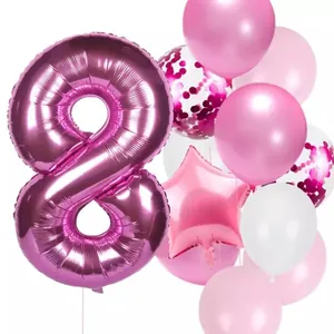 32-inch rose red number 8 foil balloon set with pink star and confetti latex balloons