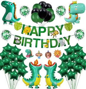 Jungle Dinosaur Birthday Party Decoration Balloons Happy Birthday Banner Foil Dinosaur Green Black Latex Balloons Kids