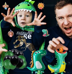 Dinosaur birthday party decoration set with green balloons and large dinosaur foil balloons