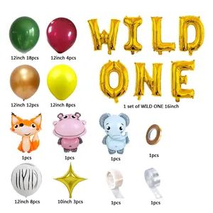 Jungle animal wild one birthday balloon set with fox elephant and gold letter foil balloons