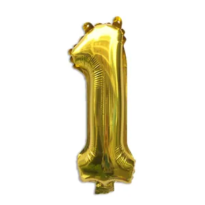 Golden number 1 foil balloon for birthday parties with metallic finish on white background