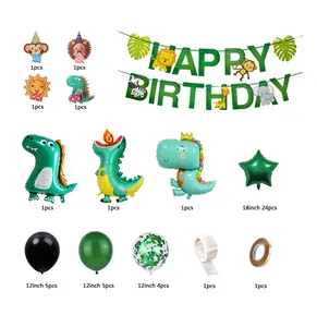 Complete jungle dinosaur birthday party set with banners, animal and foil balloons