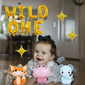 Jungle safari wild one birthday party balloons set with cartoon animals for kids