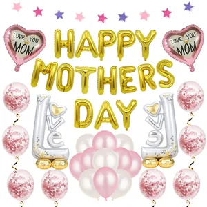 Σετ Μπαλονιών Happy Mother's Day Χρυσά Γράμματα Αλουμινίου Καρδιά Λατέξ Κομφετί Πανό για Διακόσμηση Πάρτι Σπιτιού