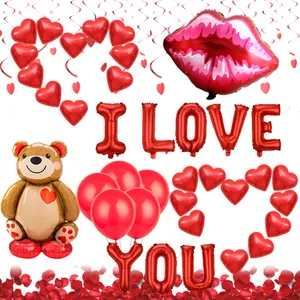 Red Heart Foil Letter I Love You Bear Shape Balloons And Rose Petals For Valentine's Day Wedding Party Decoration
