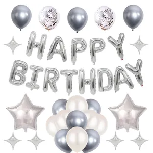 Silver Happy Birthday balloon set with aluminum foil letters and latex sequins balloons