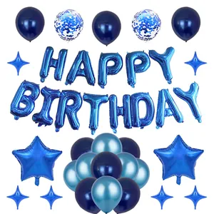 Blue Happy Birthday balloon set with star foil balloons and blue confetti latex balloons