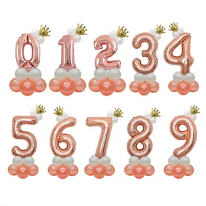 Rose Gold Number Balloon Column With Gold Crown Birthday Party Decoration Standing Foil Latex Balloon Arrangement
