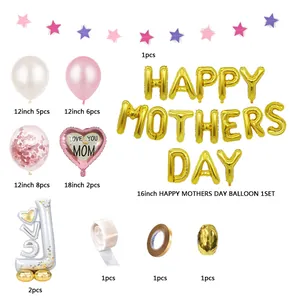Χρυσό σετ μπαλονιών Happy Mother's Day με μπαλόνια καρδιά και ροζ διακοσμήσεις