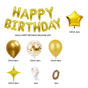 Gold birthday party balloon set with Happy Birthday letters star foils and latex balloons
