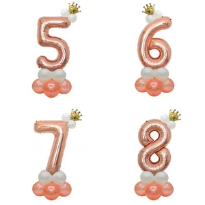 32-inch rose gold number balloon with golden crown and latex base for birthday party decor