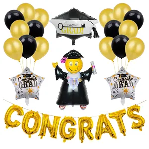 Congrats Abschlussfeier Ballon Set Gold Schwarz Latex Aluminiumfolie Ballons Für Abschlussfeier Deko Stern Smiley Ballons