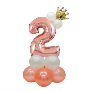 Rose gold 32 inch number 2 foil balloon with crown and base for birthday party decoration