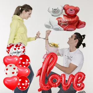 Romantic Valentine's Day love balloon set with red hearts and cute bear designs