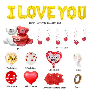 Valentinstag Ballon-Set mit goldenen I LOVE YOU Buchstaben und Rosenblättern für Verlobung