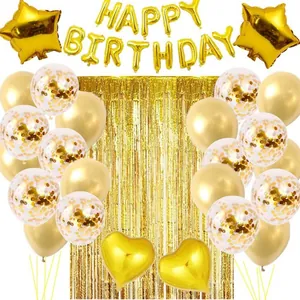 Set decorazioni compleanno oro con palloncini in alluminio, lattice e tenda frangiata