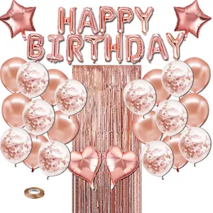 Set di palloncini compleanno oro rosa con tenda a pioggia e lettere dell'alfabeto