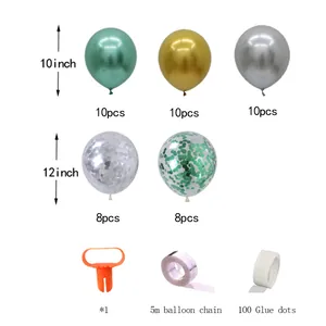 Balloon garland kit components showing metallic green balloons and confetti accessories