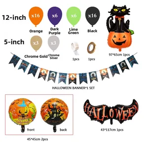 Kit déco Halloween avec ballons orange, violets, noirs et ballon en aluminium citrouille