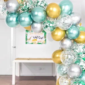 Jungle theme balloon arch kit with metallic green, gold balloons and green sequins