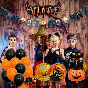 Kit de Halloween con globos de papel de aluminio, látex naranja y negro y banderines