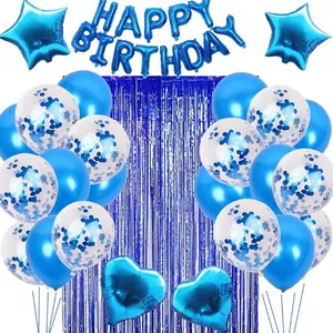 Set palloncini Happy Birthday blu con stelle, lattice e tenda decorativa per sfondo feste