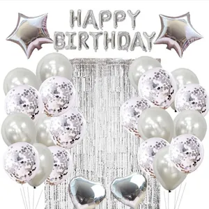 Set palloncini Happy Birthday argento con tenda a frange, decorazioni a stella e cuore