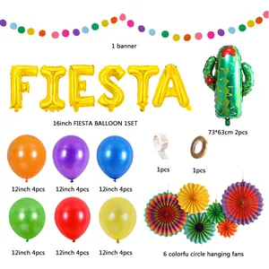 Set decorazioni festa tropicale con palloncini cactus e scritta Fiesta dorata