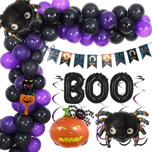Kit arche de ballons Halloween avec ballons latex violets, noirs, ballons BOO et araignée